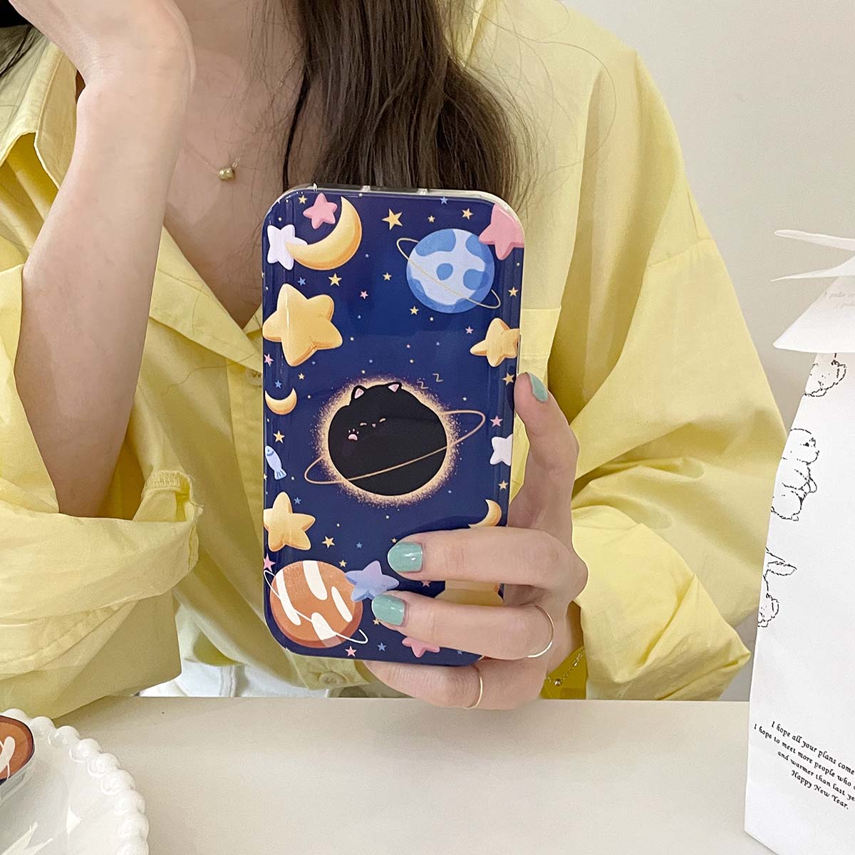 New Cartoon Cute Cat Dual Layer Silicone Back Covers For iPhone 14 Pro Max With Mirror Slide Camera Galaxy Phone Case